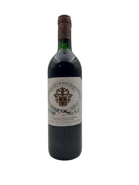 Flaske af Grand Poujeaux Bertrand de Marcellus 1985 rødvin